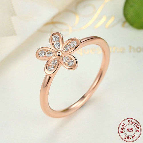 925 Silver Daisy Ring Flower White Topaz Rose Gold Wedding Jewelry Size 9