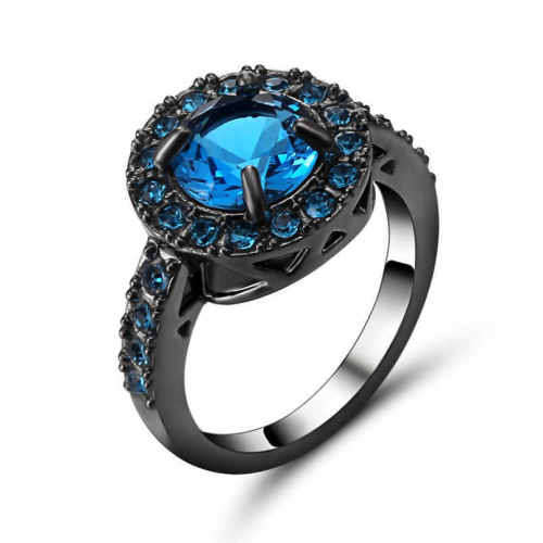 Cocktail Woman Blue Aquamarine Sapphire 10K black Gold Filled Size 8