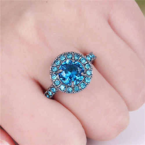 Cocktail Woman Blue Aquamarine Sapphire 10K black Gold Filled Size 8