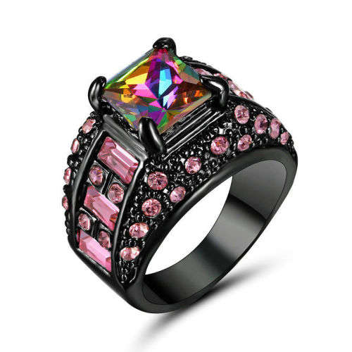 Mystic Rainbow Topaz Gemstone Ring 10KT Black Gold Filled size 8