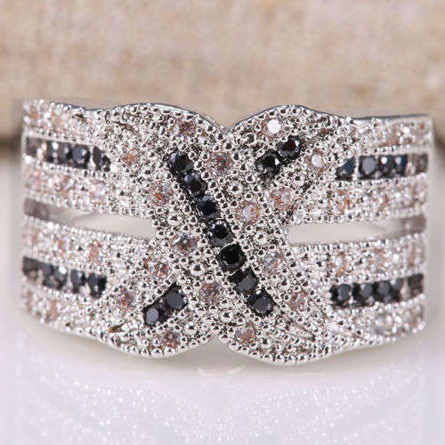 925 Silver Filled 0.67CT Black&Clear Infinity  Engagement Ring Size 6