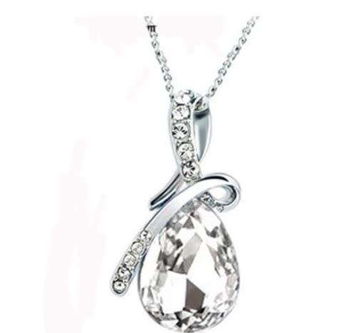 Water Drop Silver Chain Crystal Necklace - Clear White