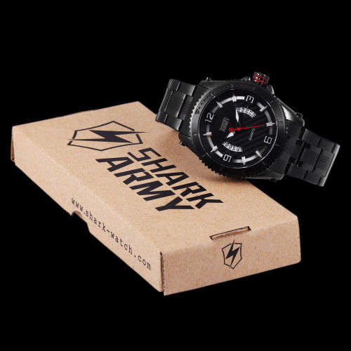 SHARK ARMY Fashion Men's Date Black Steel Quartz Wrist Military Sport Watch+Box Ref58