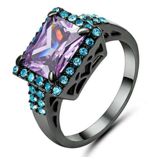 Purple Amethyst Wedding Ring 10KT Black Gold Filled Women's Gift Size 8