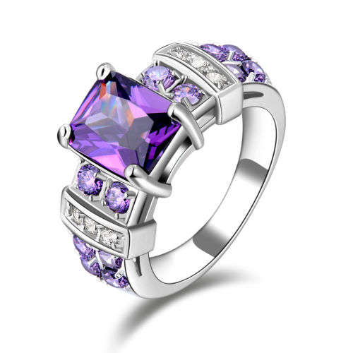 Size 8 Amethyst 10K White Gold Filled Solitaire Anniversary Ring
