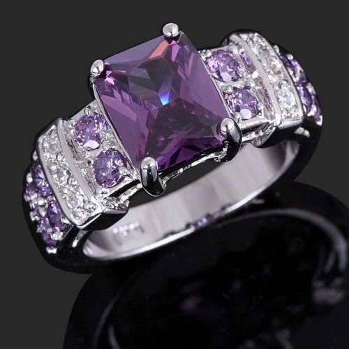 Size 8 Amethyst 10K White Gold Filled Solitaire Anniversary Ring