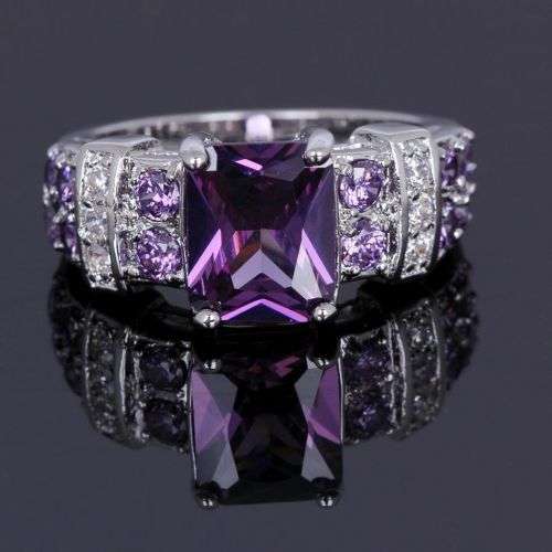 Size 8 Amethyst 10K White Gold Filled Solitaire Anniversary Ring