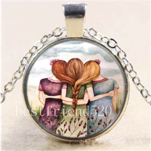 Three Sisters Best Friends Photo Cabochon Glass Tibet Silver Chain