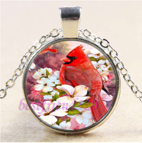 Cute Northern Cardinal Cabochon Glass Tibet Silver Chain