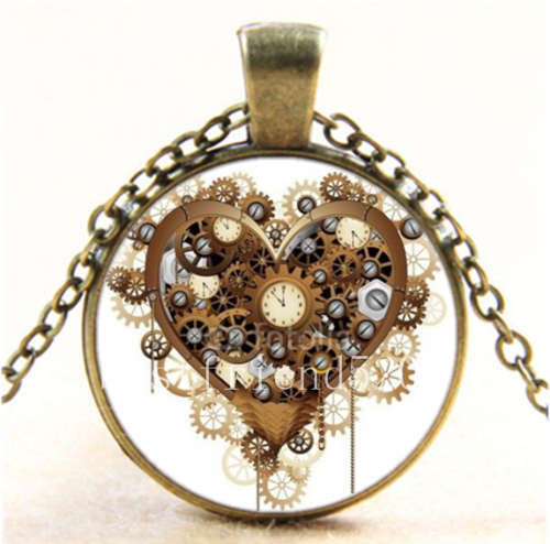 Vintage Heart Shape Time Cabochon Glass Dome Silver Chain