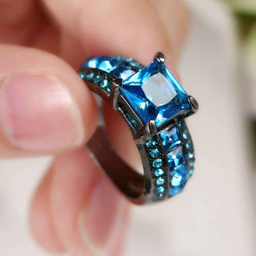 Blue Stones Black Gold Filled Ring Size 8