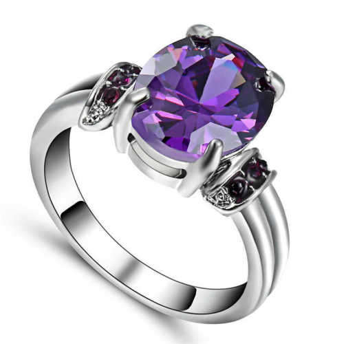 Purple Amethyst white Gold Filled Ring Fashion Size 8