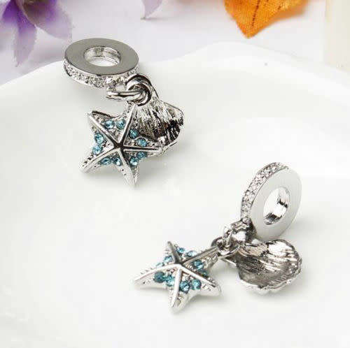 1Pcs Light Blue Crystal Star Shell Silver Pendant bead