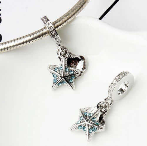 1Pcs Light Blue Crystal Star Shell Silver Pendant bead