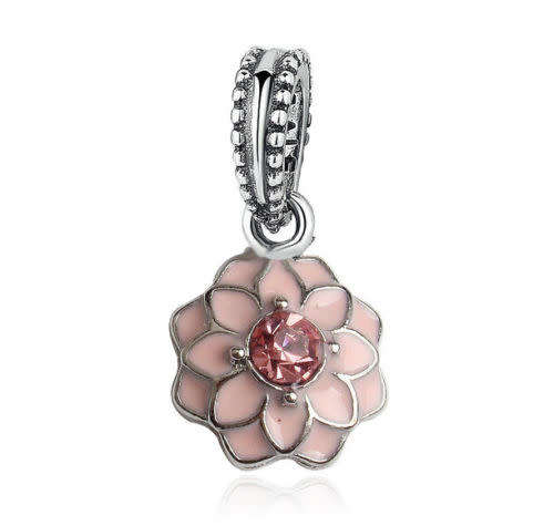 1PCS Crystal Pink Lotus Rose Flower Silver Pendant Bead
