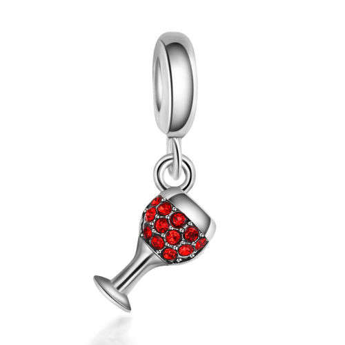 Wine Glass Silver Goblet Red Crystal Pendant Charm Bead