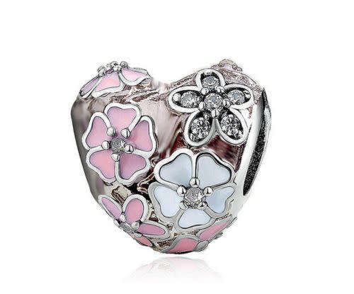 1Pcs Pink/White Crystal Heart Charms Silver bead Fit Bracelet