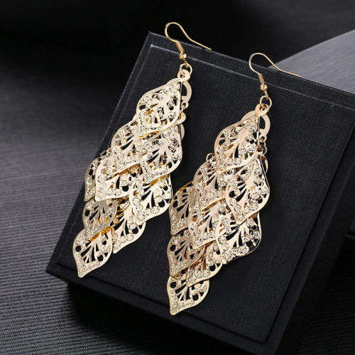 Fashion Earrings Hollow Metal Leaves Leaf Long Dangle