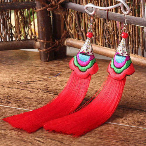 Fashion Bohemian Earrings Vintage Boho Long Tassel - Red