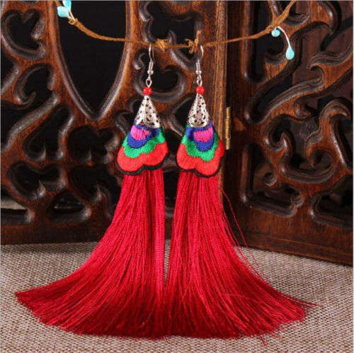 Fashion Bohemian Earrings Vintage Boho Long Tassel - Red