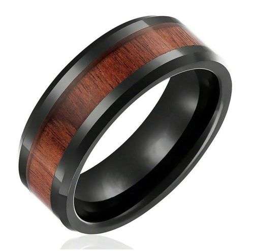 8mm Men Stainless Steel Wood Black Filled Band Size 8