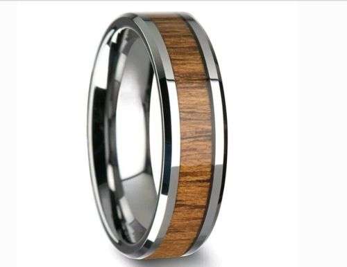 8mm Stainless Steel Wood Silver Inlaid Size 10
