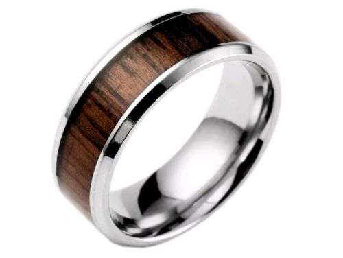 8mm Stainless Steel Wood Silver Inlaid Size 10