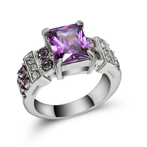 Size 8 Amethyst 10K White Gold Filled Solitaire Anniversary Ring