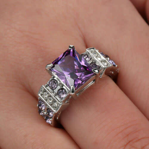 Size 8 Amethyst 10K White Gold Filled Solitaire Anniversary Ring