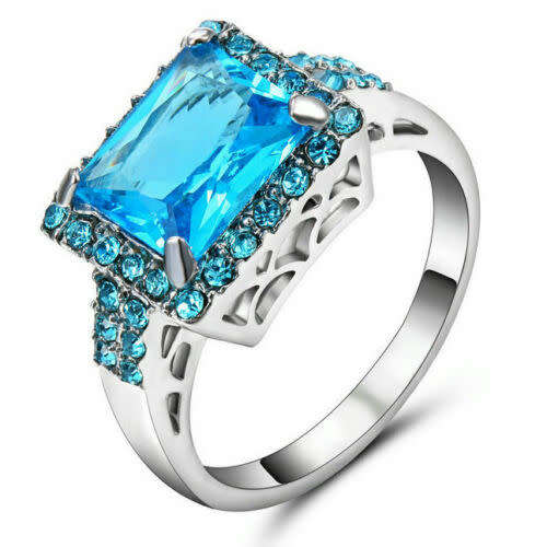 Aquamarine Amethyst Gems Ring 10K White Gold Filled Size 8