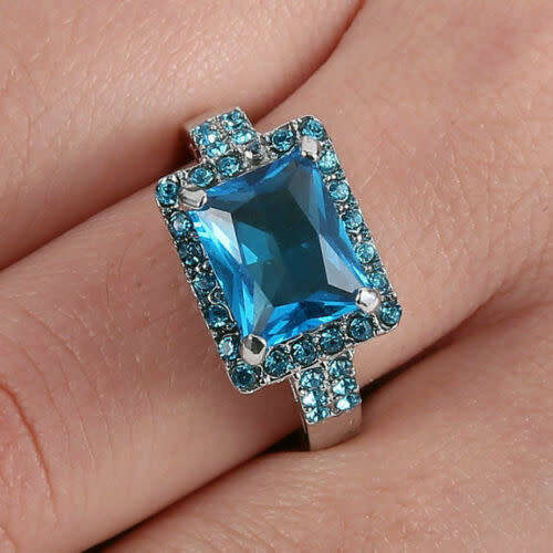 Aquamarine Amethyst Gems Ring 10K White Gold Filled Size 8