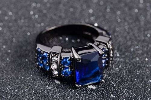 Blue Sapphire Wedding Ring Black Gold Filled Size 6