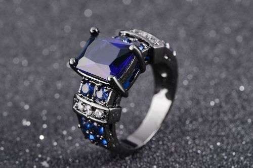 Blue Sapphire Wedding Ring Black Gold Filled Size 6