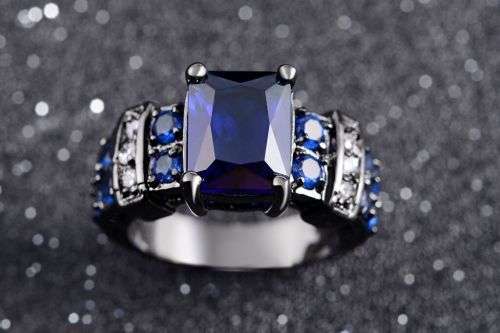 Blue Sapphire Wedding Ring Black Gold Filled Size 6