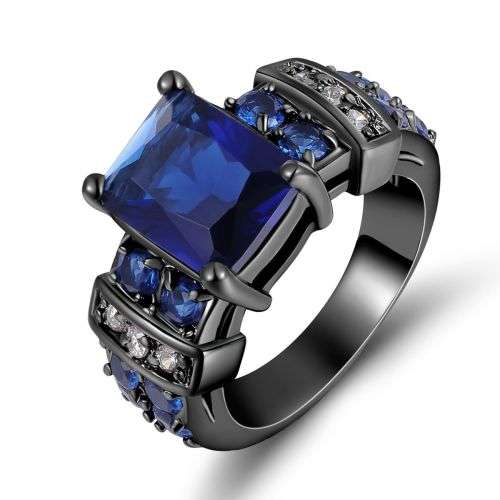 Blue Sapphire Wedding Ring Black Gold Filled Size 6