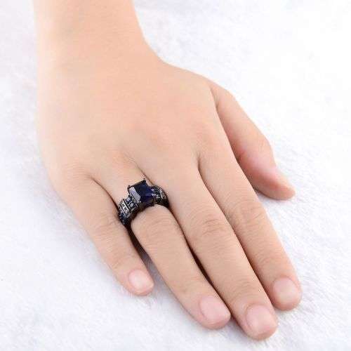 Blue Sapphire Wedding Ring Black Gold Filled Size 6