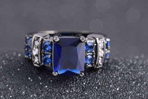 Blue Sapphire Wedding Ring Black Gold Filled Size 6