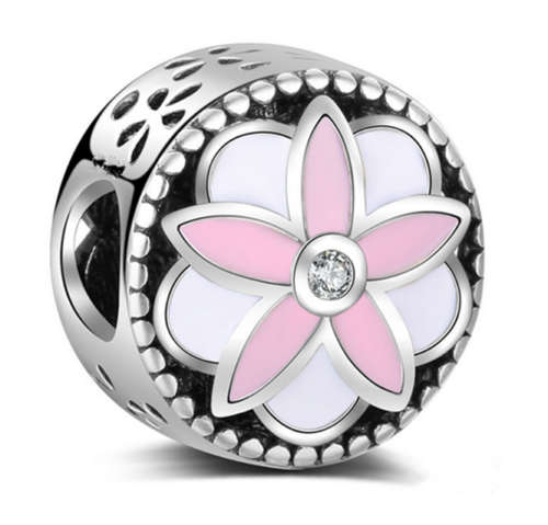 Pink Flower Crystal Charm Silver Spacer Beads Fit Necklace Bracelet