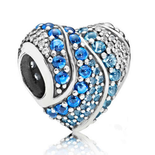 Blue Heart Crystal Charm Silver Spacer Beads Fit Necklace Bracelet