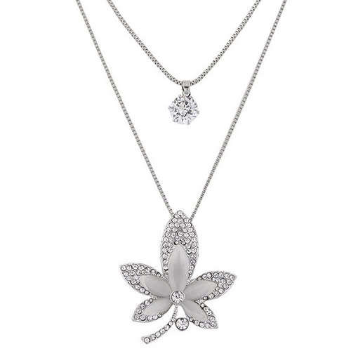 GRACEFUL FLOWER PENDANT TWO LAYERS LONG FASHION NECKLACE