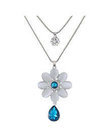 GRACEFUL BLUE FLOWER PENDANT TWO LAYERS LONG FASHION NECKLACE