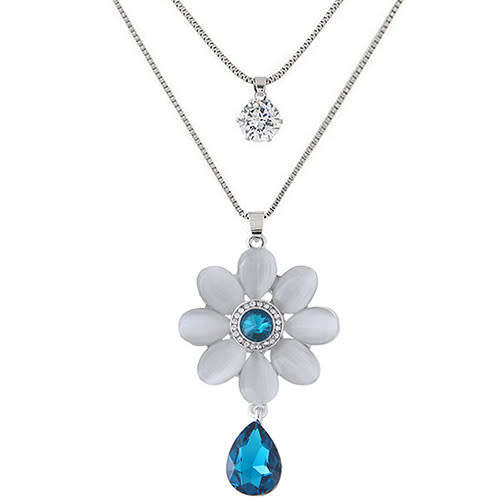 GRACEFUL BLUE FLOWER PENDANT TWO LAYERS LONG FASHION NECKLACE
