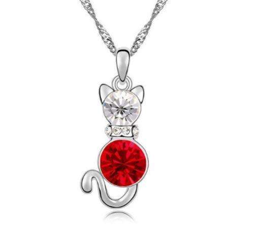 Cat Red Crystal Rhinestone Silver Chain Necklace