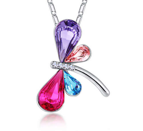 Dragonfly Multicolor Crystal Rhinestone Silver Chain Pendant Necklace