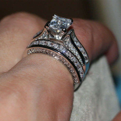 2-in-1 Vintage White germstone Jewelry Silver Engagement Band Ring Size10