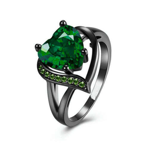 Mystic Heart Shaped Green Emerald Ring 10KT Black Gold Filled Size 9