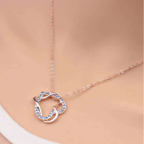 Double Heart Crystal Rhinestone Chain Pendant Necklace