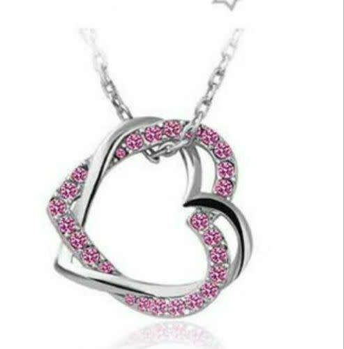Double Heart Crystal Rhinestone Chain Pendant Necklace