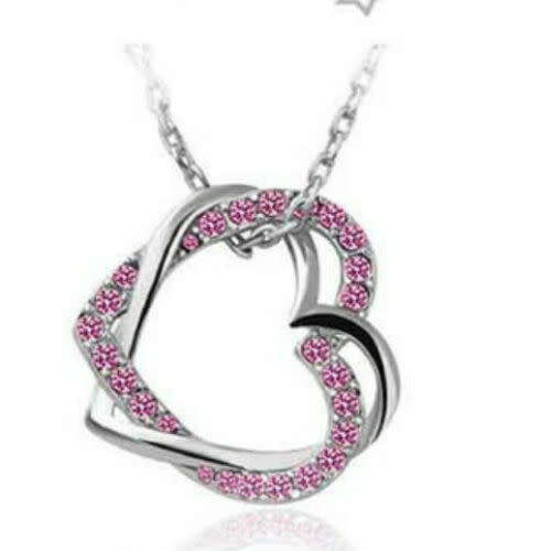 Double Heart Crystal Rhinestone Chain Pendant Necklace