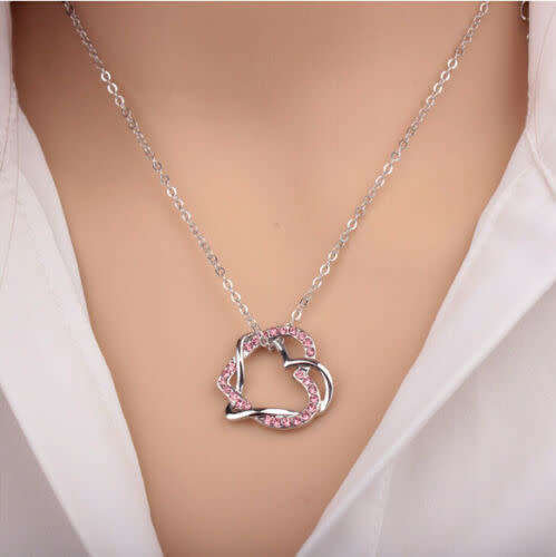Double Heart Crystal Rhinestone Chain Pendant Necklace